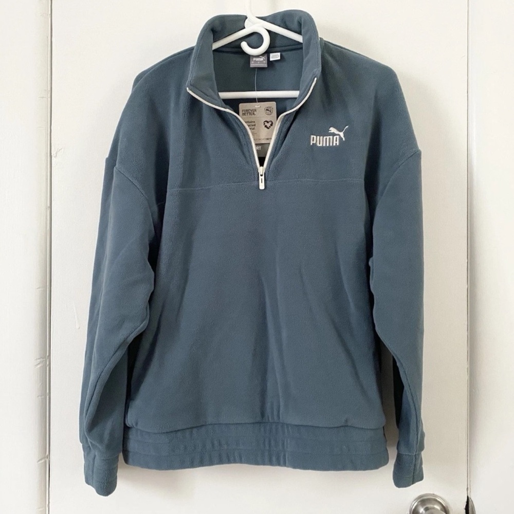 Puma Blue White Zip Comfort Fit Sweater Top L Large Sports Gym Football Casual